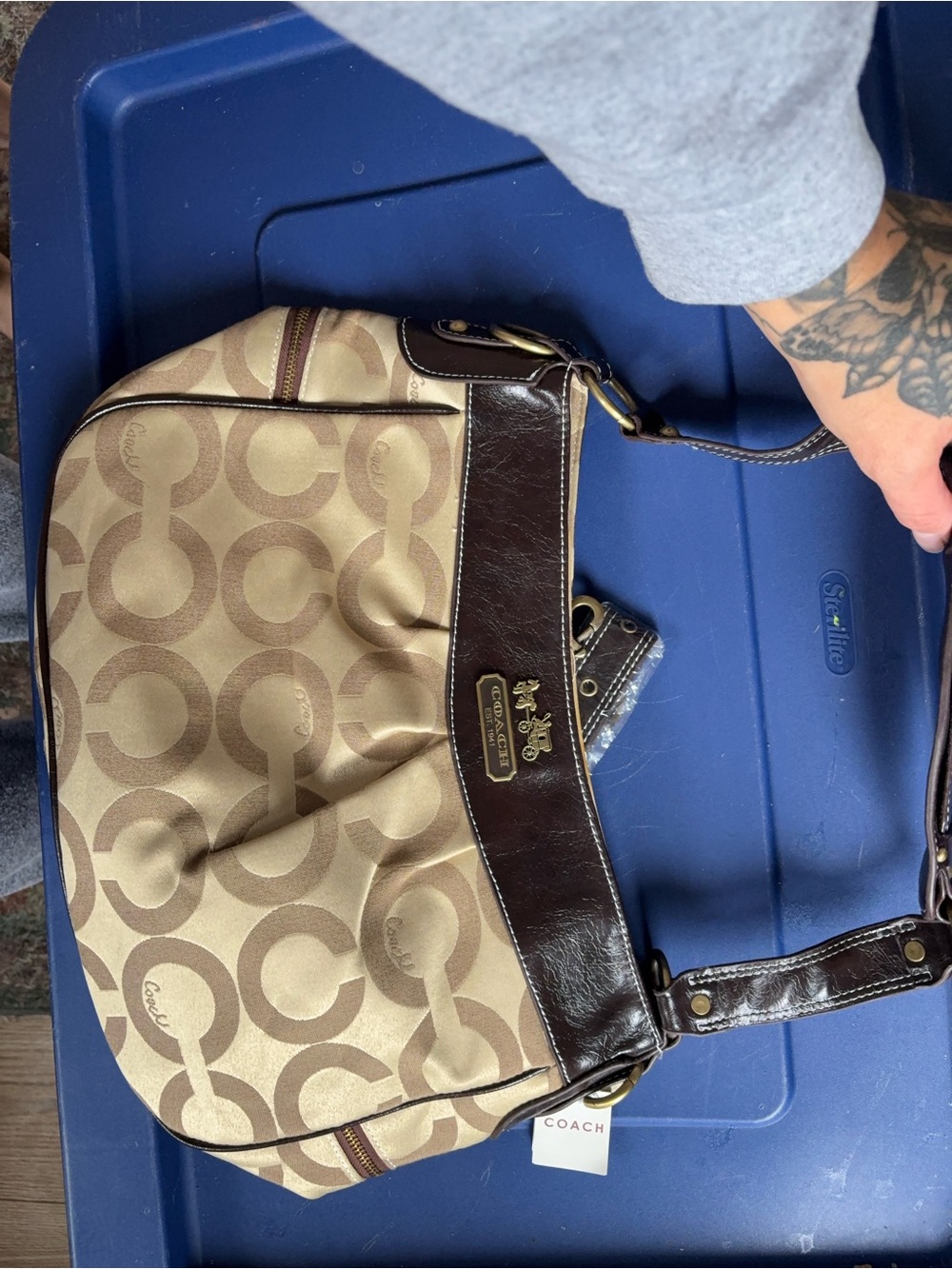 Coach Brown Signature Canvas Shoulder Bag with Dark Brown Leather Trim